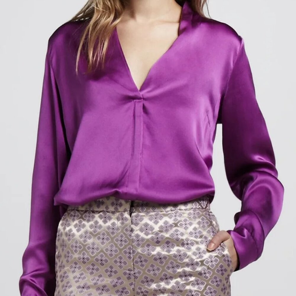 Elizabeth and James Magenta 100% Silk V-Nick Button Down Tunic Blouse XS